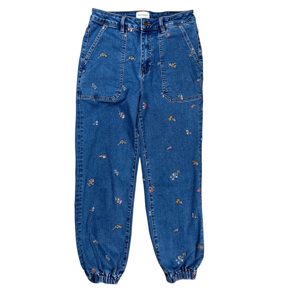Driftwood Floral Embroidered Denim Joggers Womens 28 Blue Boho Utility Pants